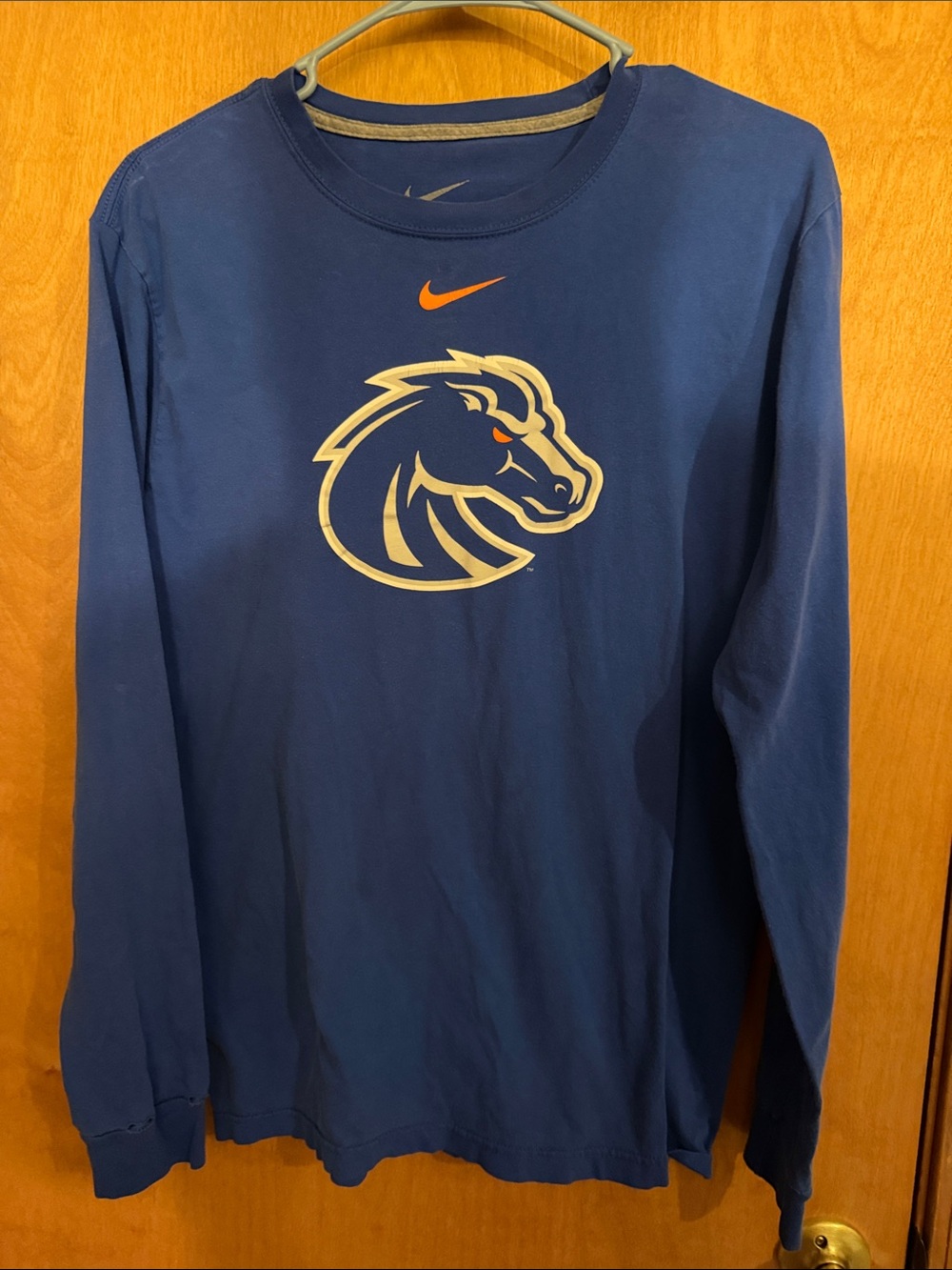Nike Blue Long Sleeve Tee with Orange Swoosh and White Bronco BSU Boise state
